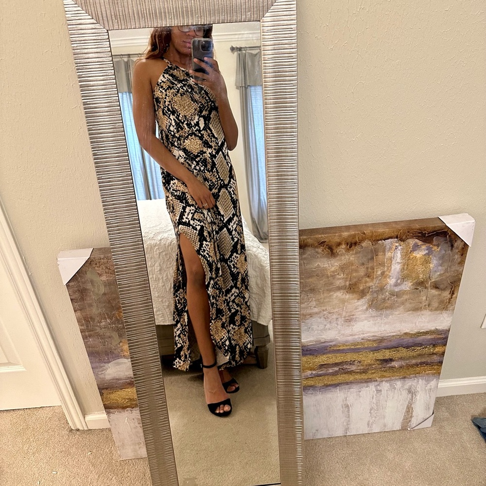 Brown, White, And Black Snake Pattern maxi Fitted Dress With Two Slits